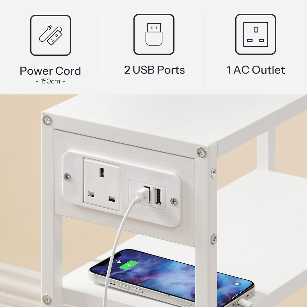 HOOBRO Slim Side Table with Charging Station | 3-Tier Narrow End Table