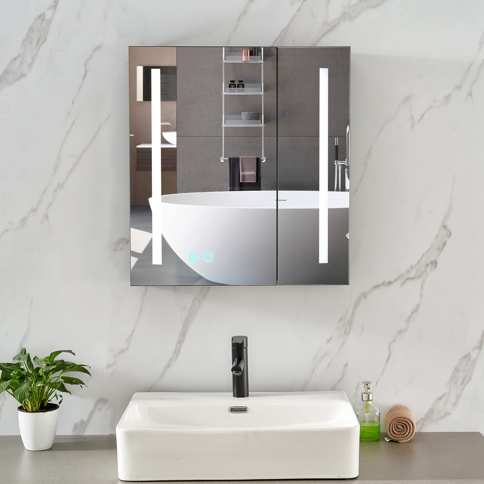 Plumbsys LED Bathroom Mirror Cabinet – Black 2-Door Anti-Fog 600x650mm