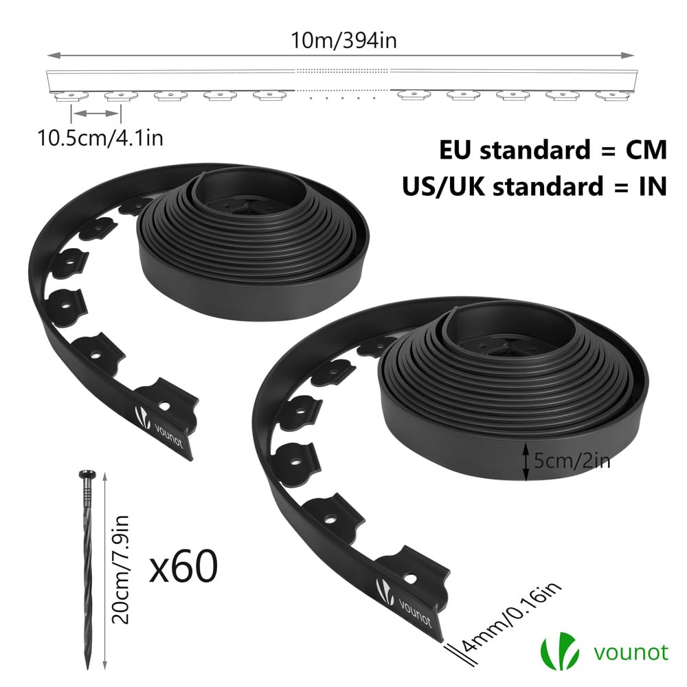 VOUNOT 20m Flexible Lawn Edging – Plastic Garden Border with 60 Pegs