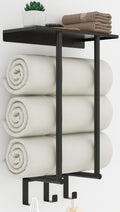 BETHOM Wall Mounted Towel Rack with Shelf and 3 Hooks – Matte Black Metal