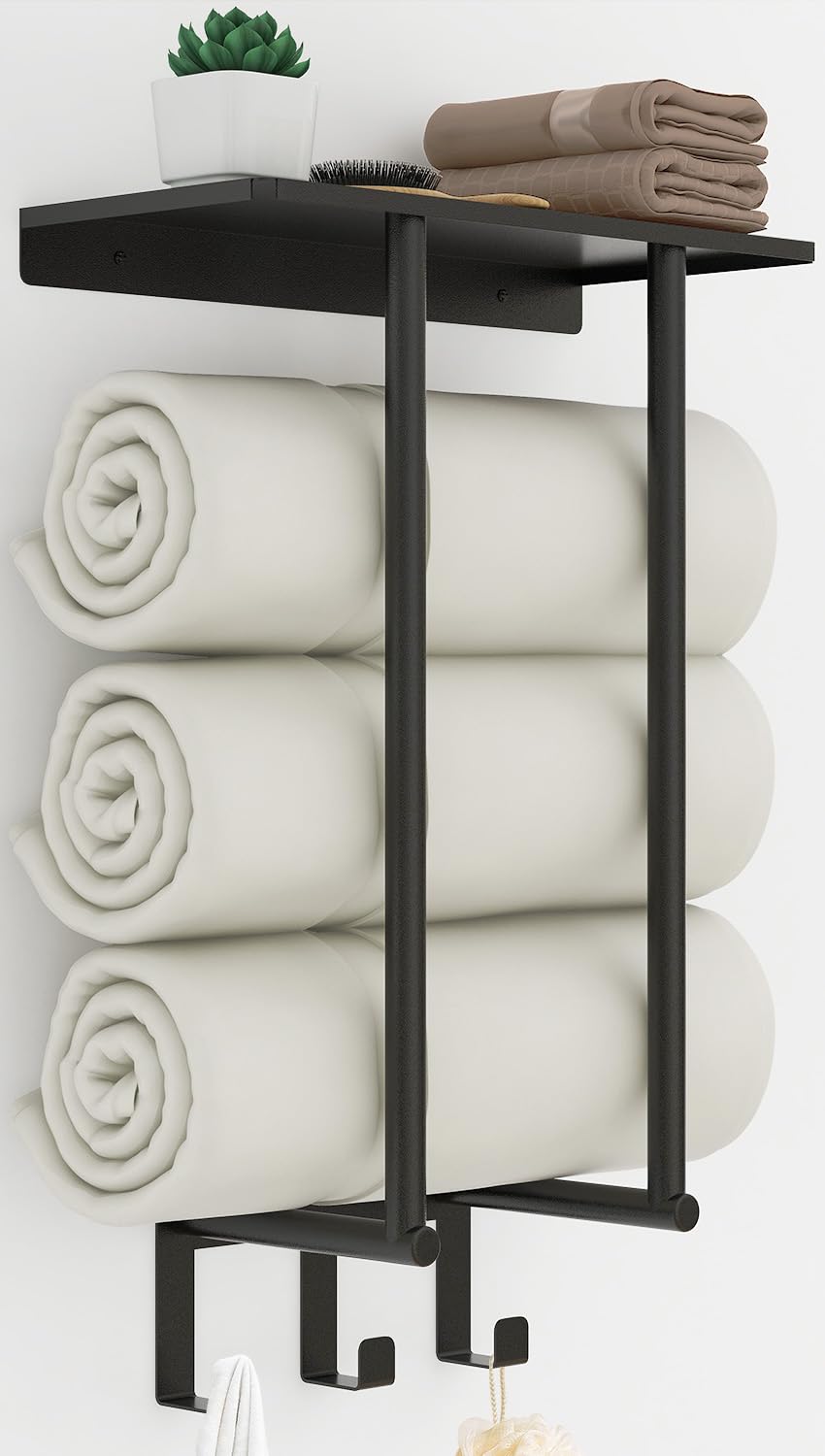 BETHOM Wall Mounted Towel Rack with Shelf and 3 Hooks – Matte Black Metal
