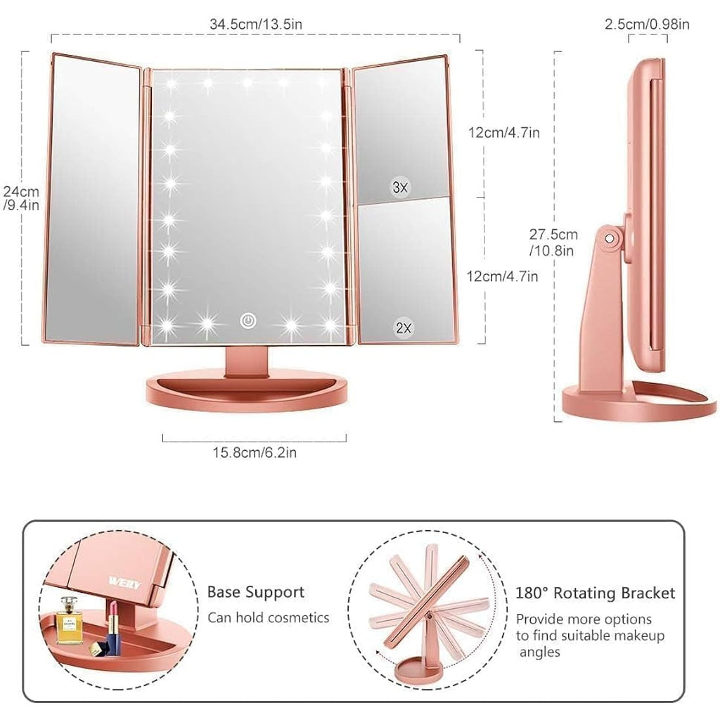 WEILY Tri-fold LED Makeup Mirror | 2X/3X Magnification - Rose Gold
