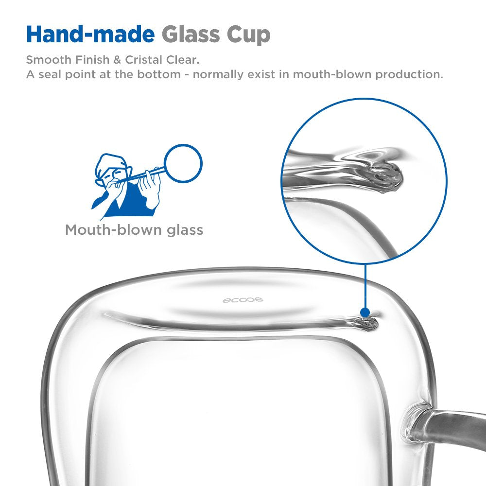 Ecooe Double Walled Coffee Glasses - 6x350ml Borosilicate Mugs with Handle