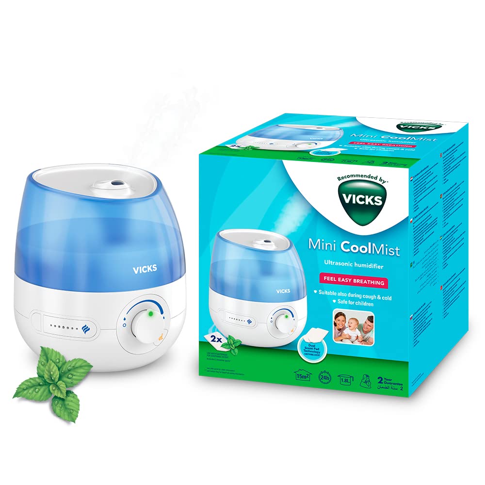 Vicks Mini Cool Mist Ultrasonic Humidifier | 1.8L Tank for Bedrooms