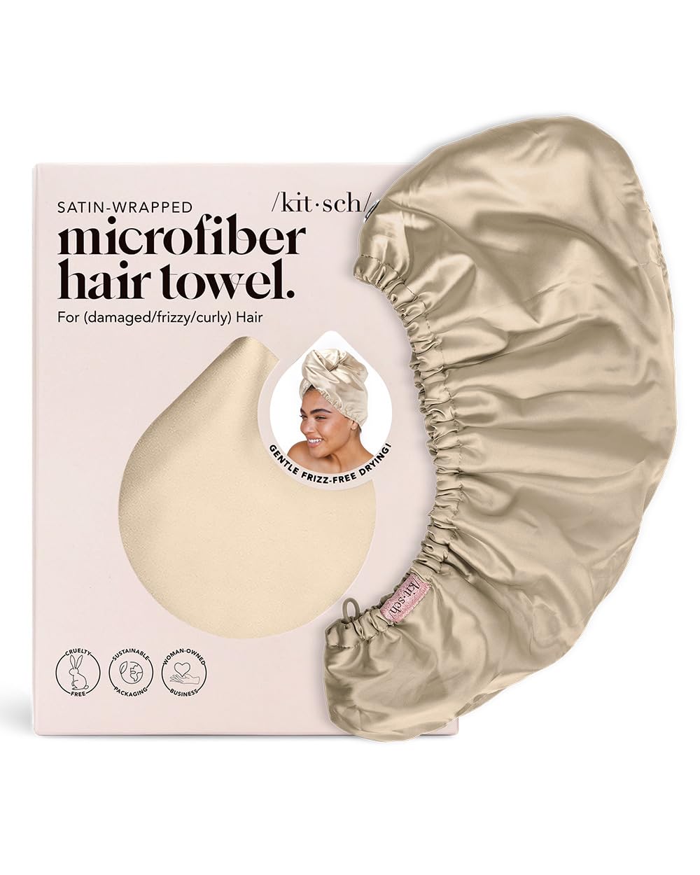 Kitsch Microfiber Hair Towel Wrap – Satin Wrapped Quick Dry Turban, Champagne