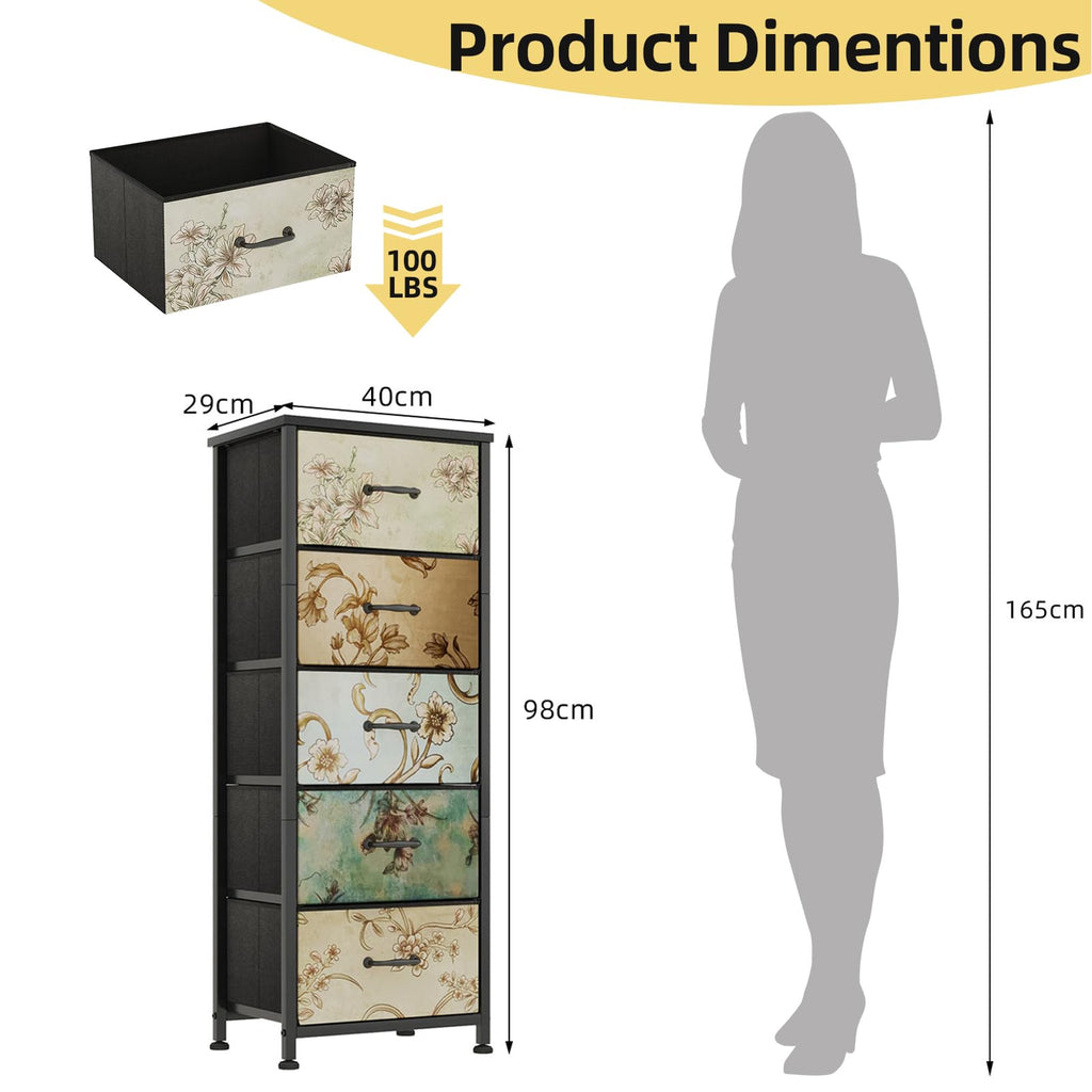 CAIYUN 5-Drawer Floral Fabric Chest – Tall Bedroom Storage Dresser