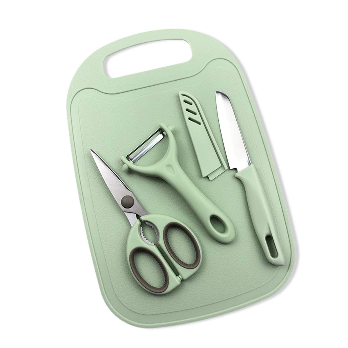 KRIZJUES 4-Piece Kitchen Knife Set with Cutting Board and Peeler – Green