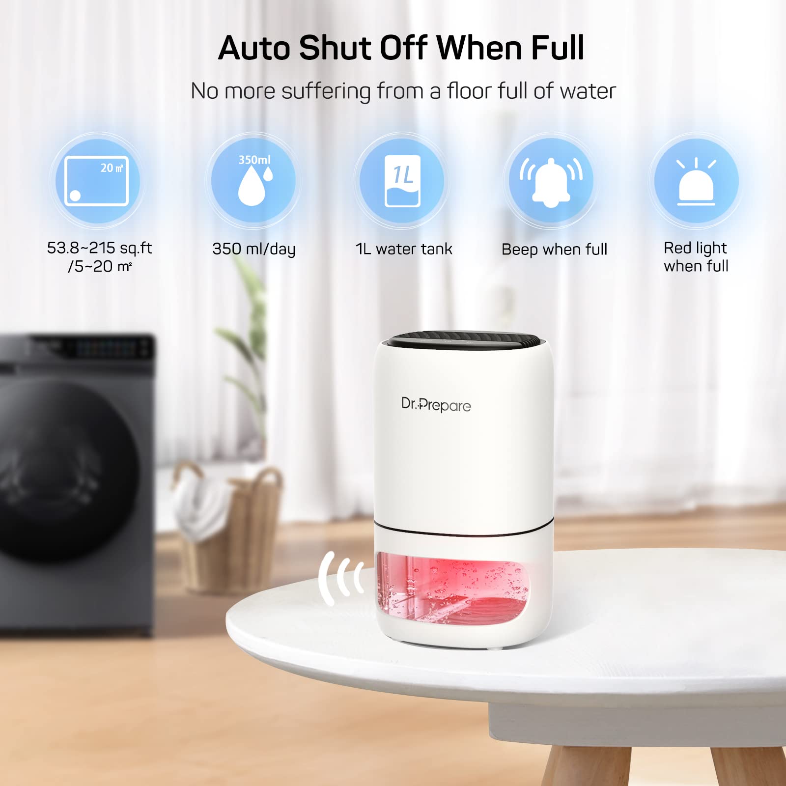 Dr.Prepare 2-in-1 Dehumidifier and Air Purifier | 1L Portable Quiet Unit
