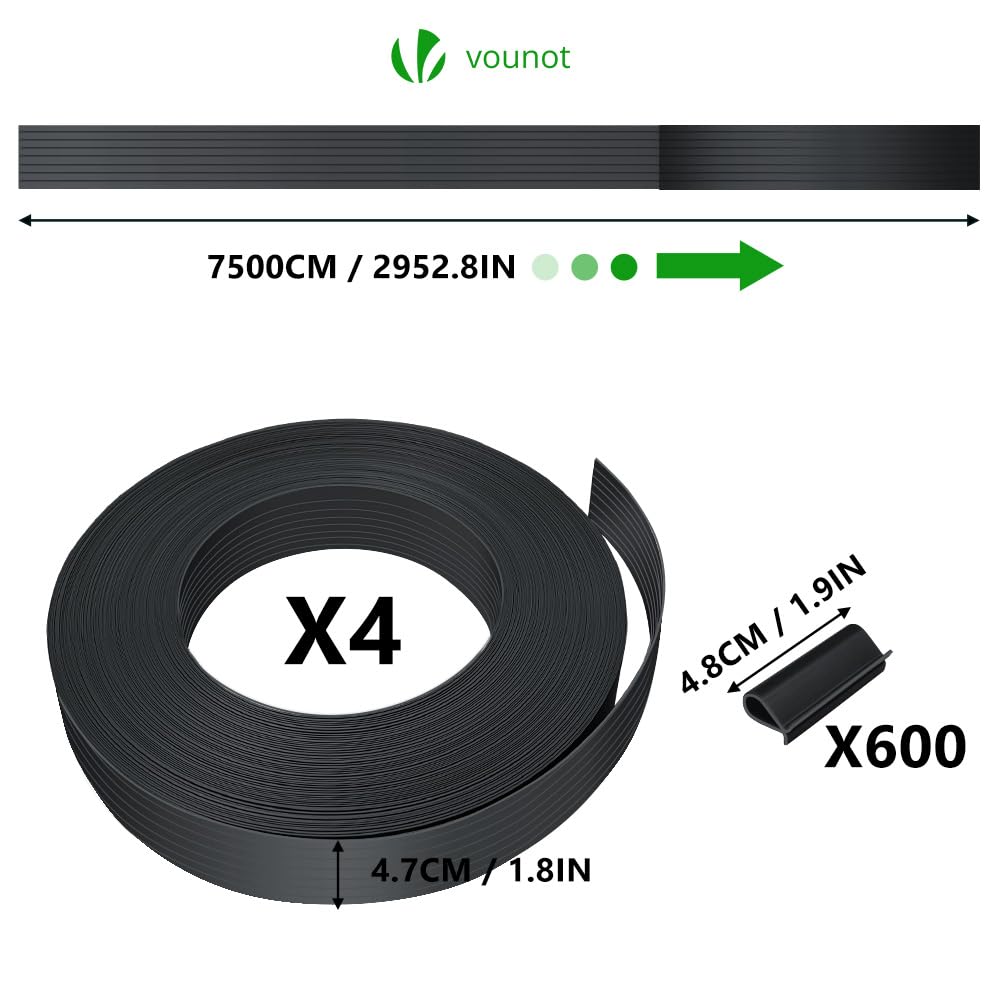 VOUNOT PVC Garden Privacy Fence Strips - 300m x 4.7cm with 600 Clips, Black