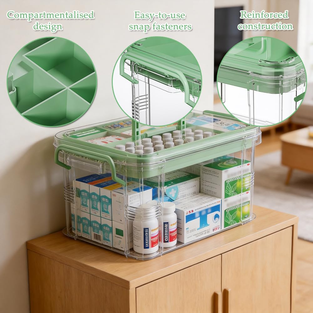 SINBINTA 2-Pack Clear Plastic Medicine Storage Organiser Green