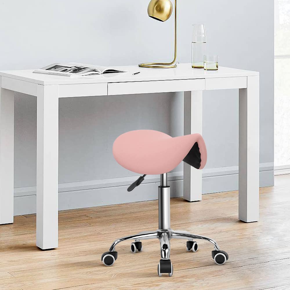 KKTONER Rolling Saddle Stool - Adjustable PU Leather Salon Chair, Pink