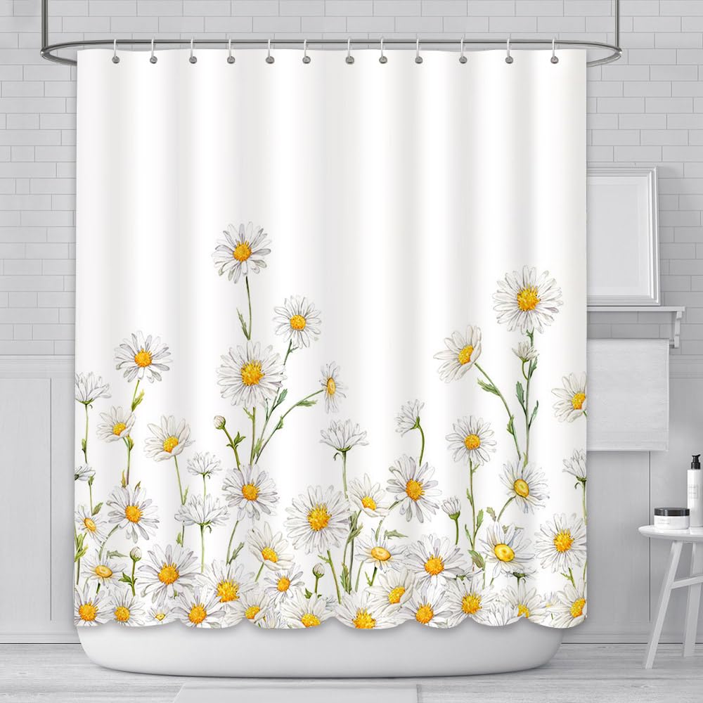 White Daisy Floral Shower Curtain – Rustic Farmhouse Fabric