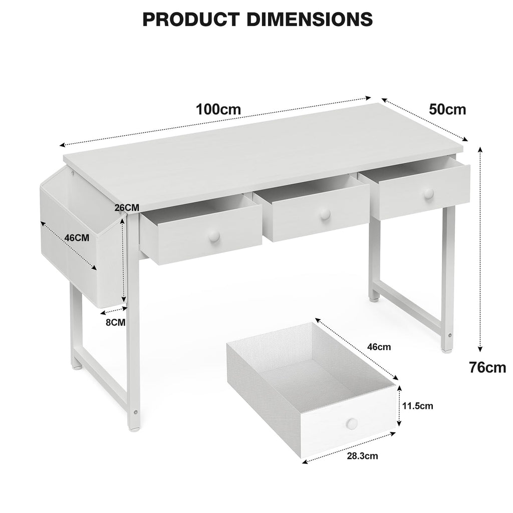 Grandder Small Computer Desk with 3 Fabric Drawers, 100 x 40 cm Home Office Desk with Storage Bags and Drawers - image 4
