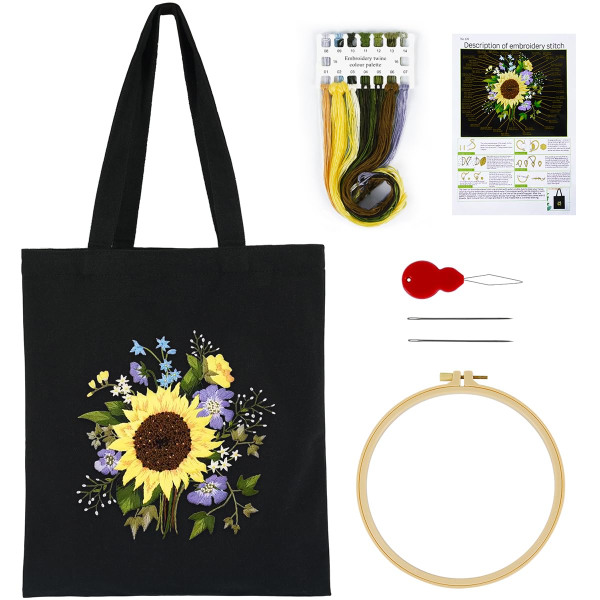 Floral Canvas Tote Bag Embroidery Kit for Beginners - DIY Craft