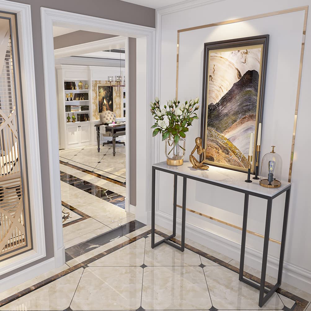 Slim Console Table Hallway Unit: White Marble Top Consoles Desk Long 100cm High Gloss Sintered Stone Marbles Effect and Black Legs Narrow Tall Modern - image 3