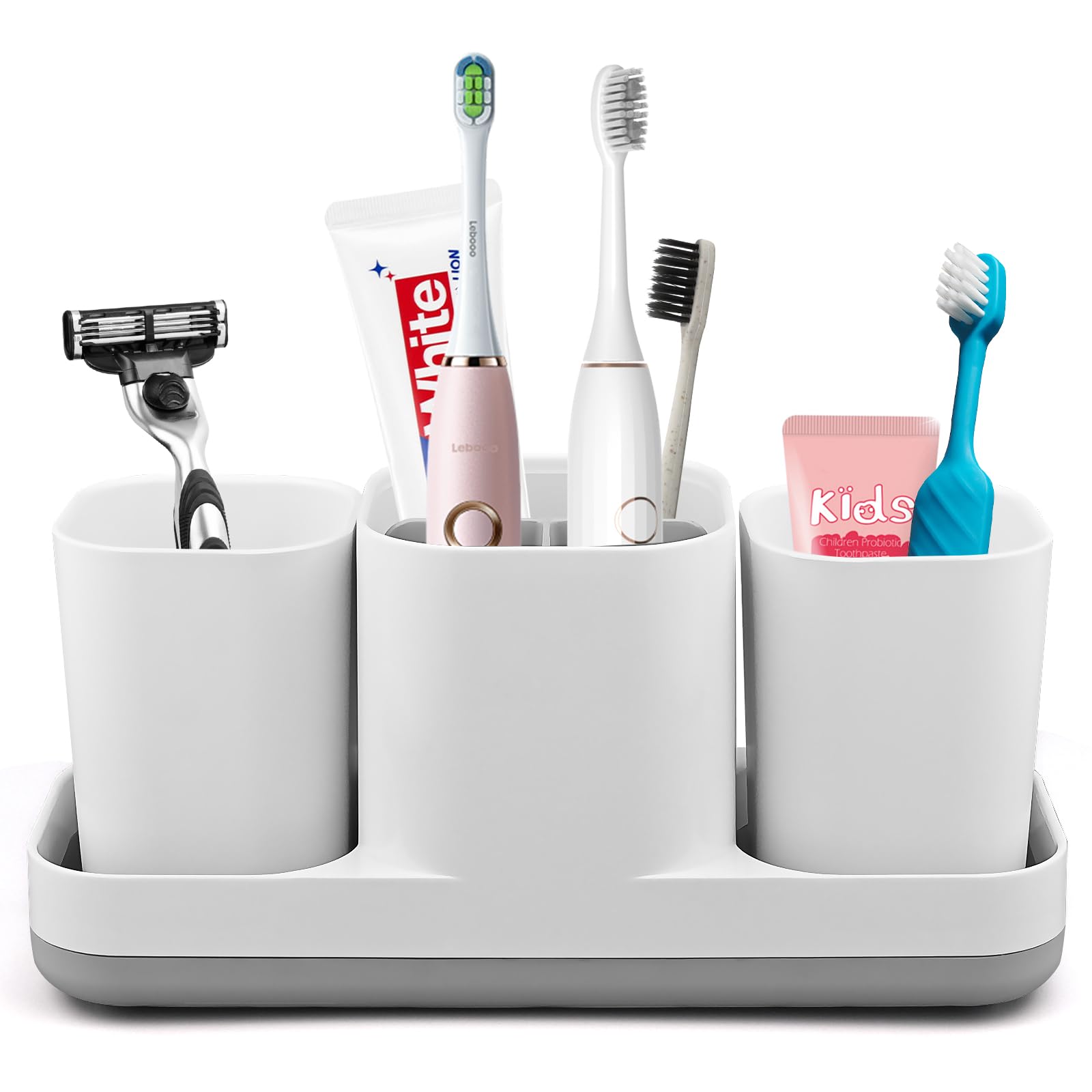 Electric Toothbrush Holder with Tumblers – 3 Compartment Caddy