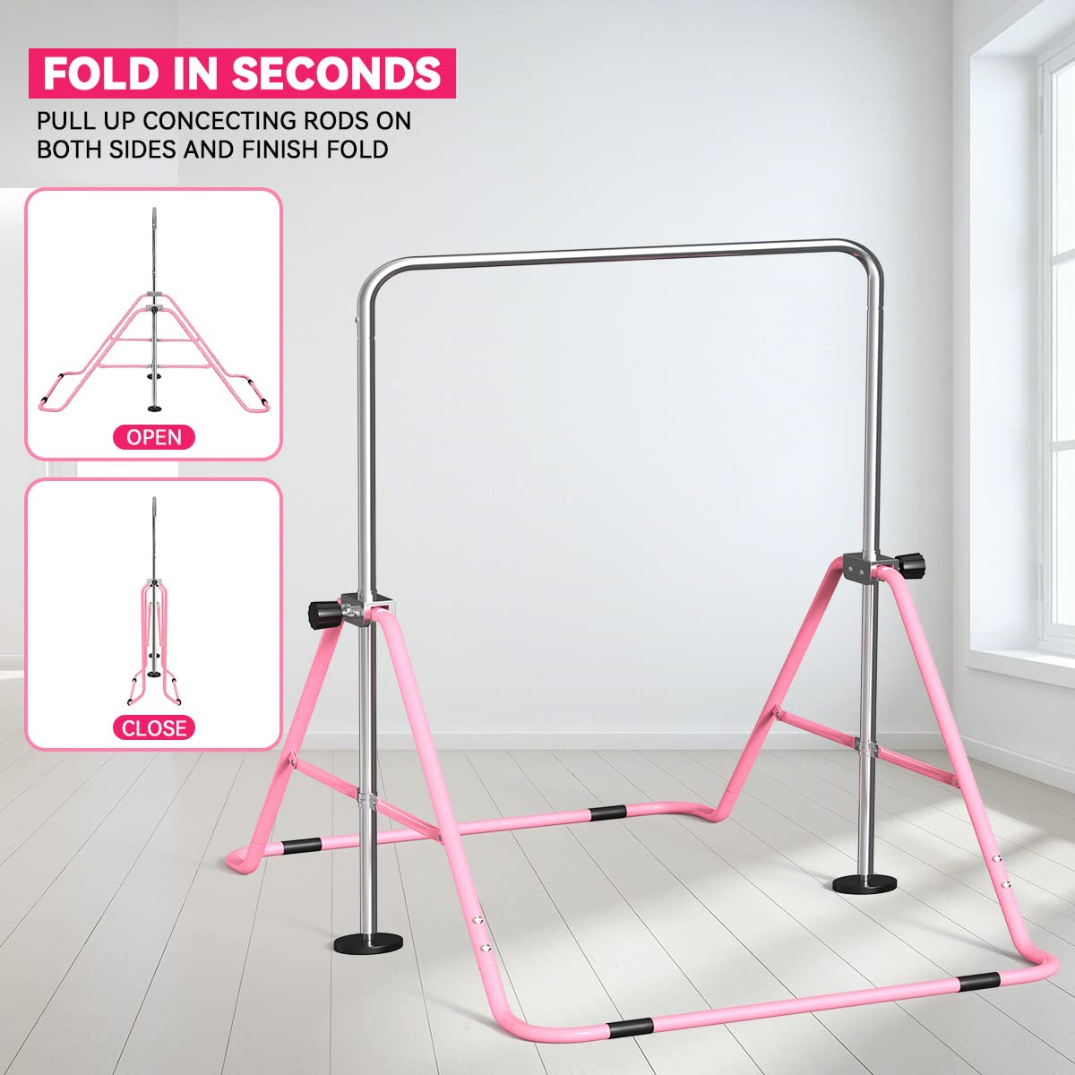 FBSPORT Gymnastics Bar – Foldable Adjustable Horizontal Bar for Kids Home