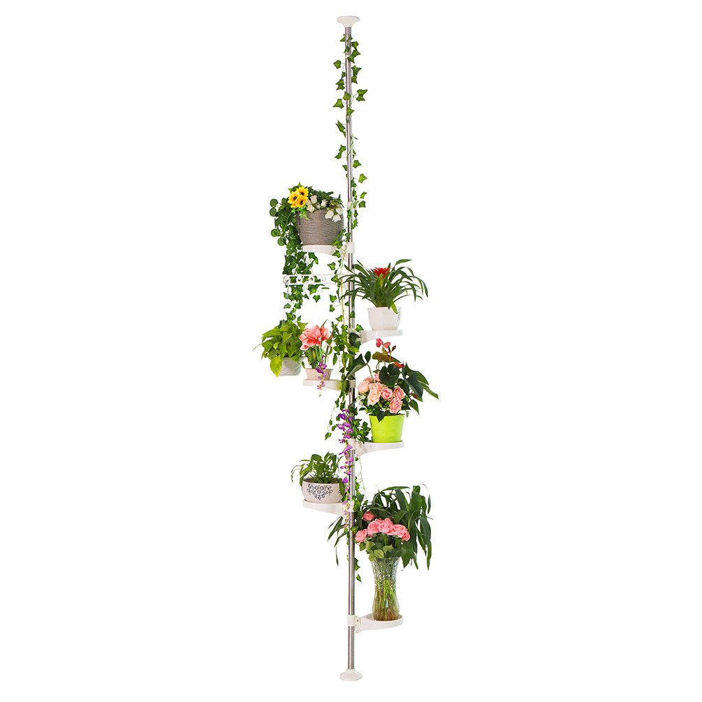 BAOYOUNI Tension Pole Plant Stand – 7-Tier Adjustable Metal Flower Rack
