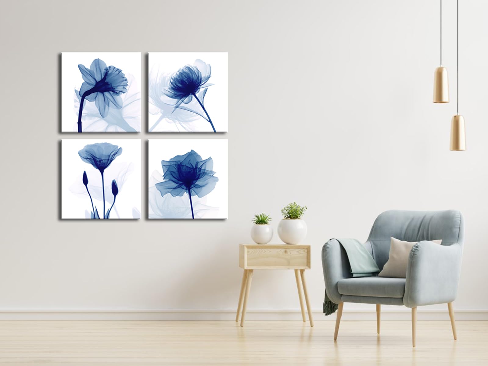 Blue Floral Canvas Wall Art – 4 Panel Abstract Flower Prints