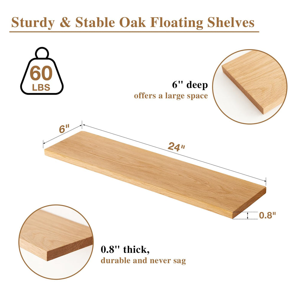 TREOAKWIS Oak Wooden Floating Shelf – Rustic Solid Wood Wall Display