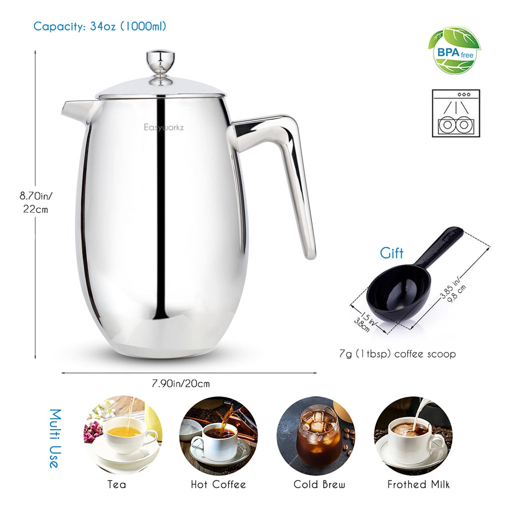 Easyworkz Nando French Press – 1000ml Insulated Stainless Steel Maker
