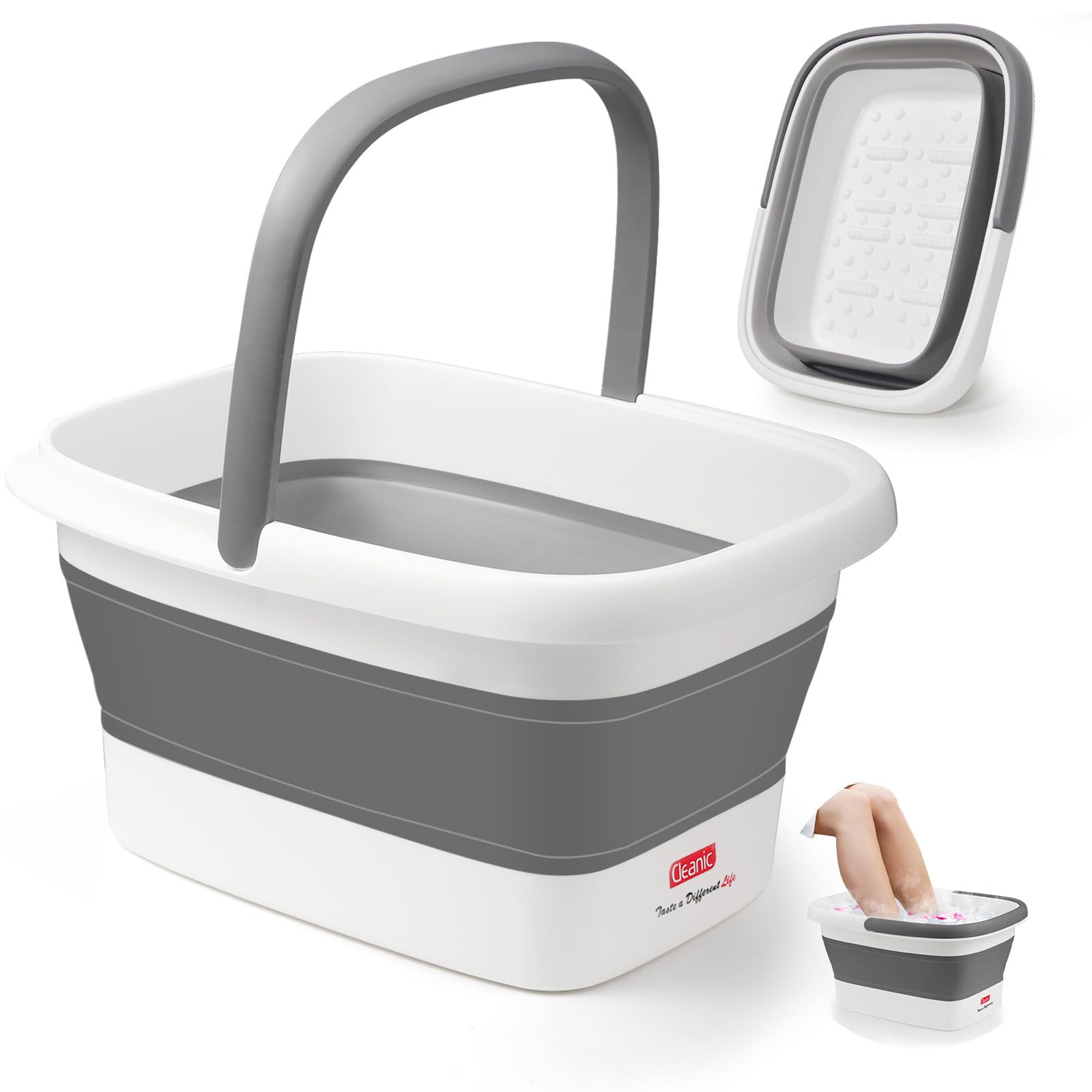 DEANIC Collapsible Foot Spa Bath with Massager and Carry Handle – Grey
