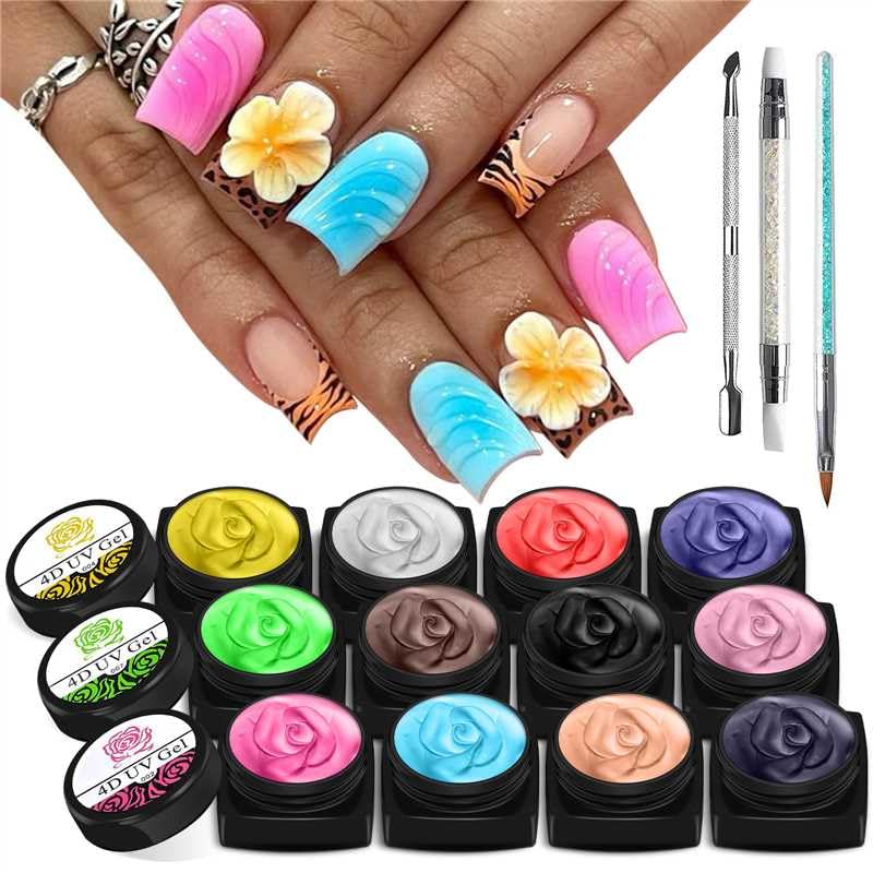 EBANKU 12 Color 3D Sculpture Carved Nail Gel Set with Art Tools Kit