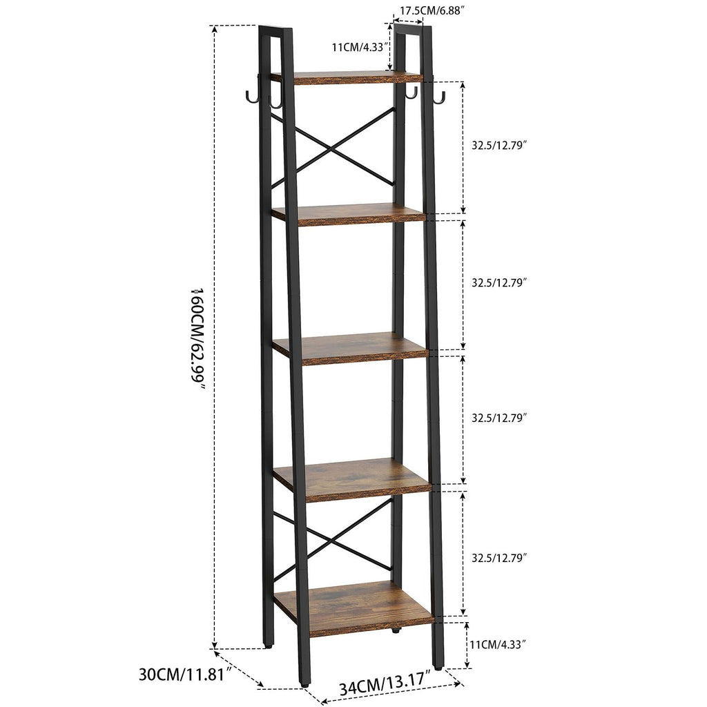 YMYNY 5-Tier Ladder Bookshelf | 160CM Industrial Storage Shelving Unit