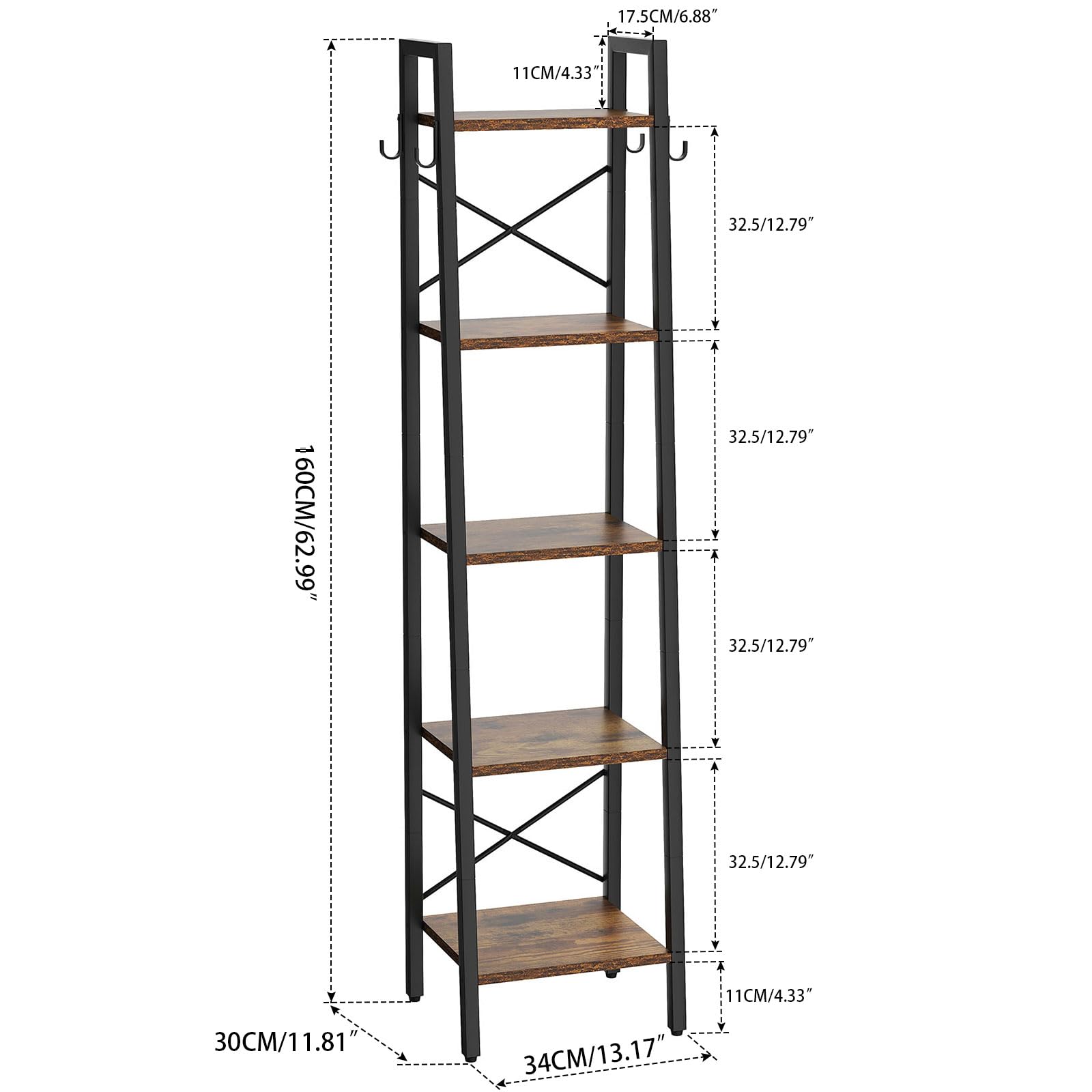 YMYNY 5-Tier Ladder Bookshelf | 160CM Industrial Storage Shelving Unit