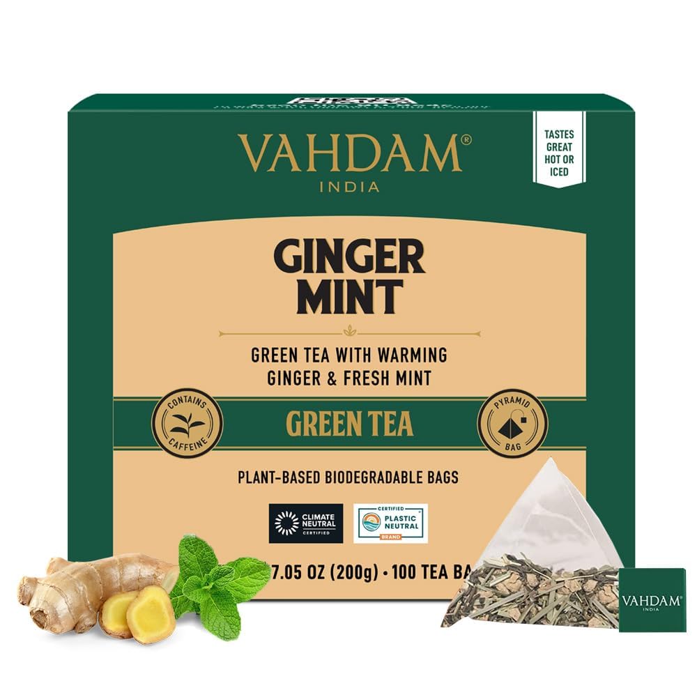 VAHDAM Ginger Mint Green Tea Bags - 100 Count High Grown Green Tea
