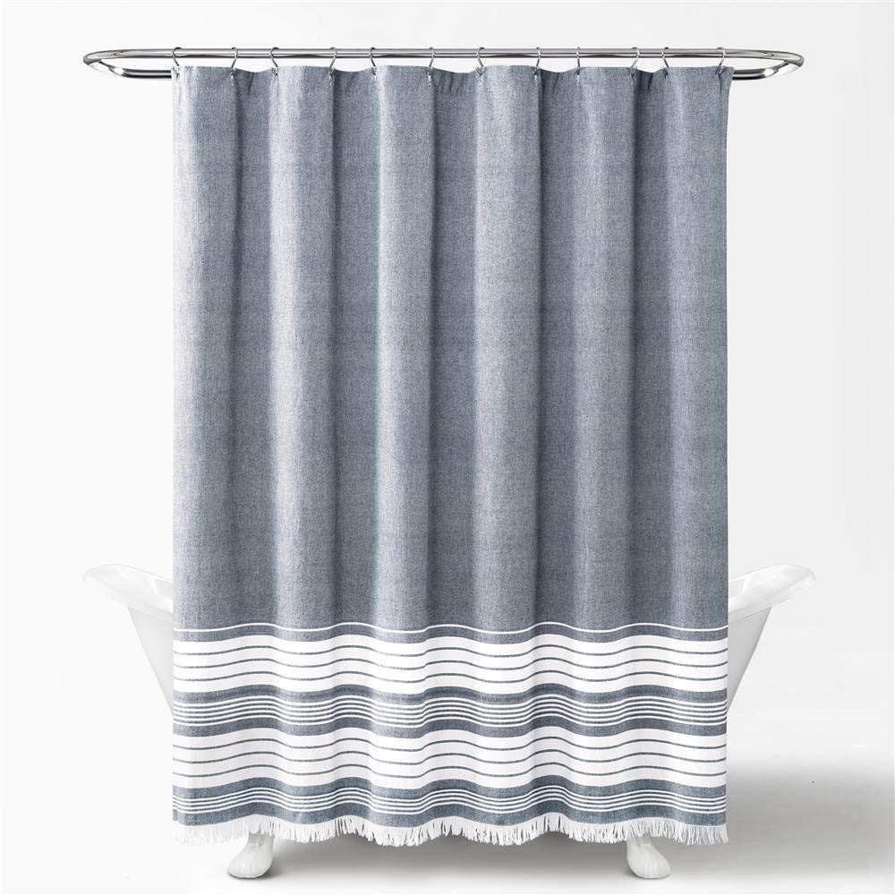 Lush Decor Nantucket Striped Cotton Shower Curtain with Tassels, Navy