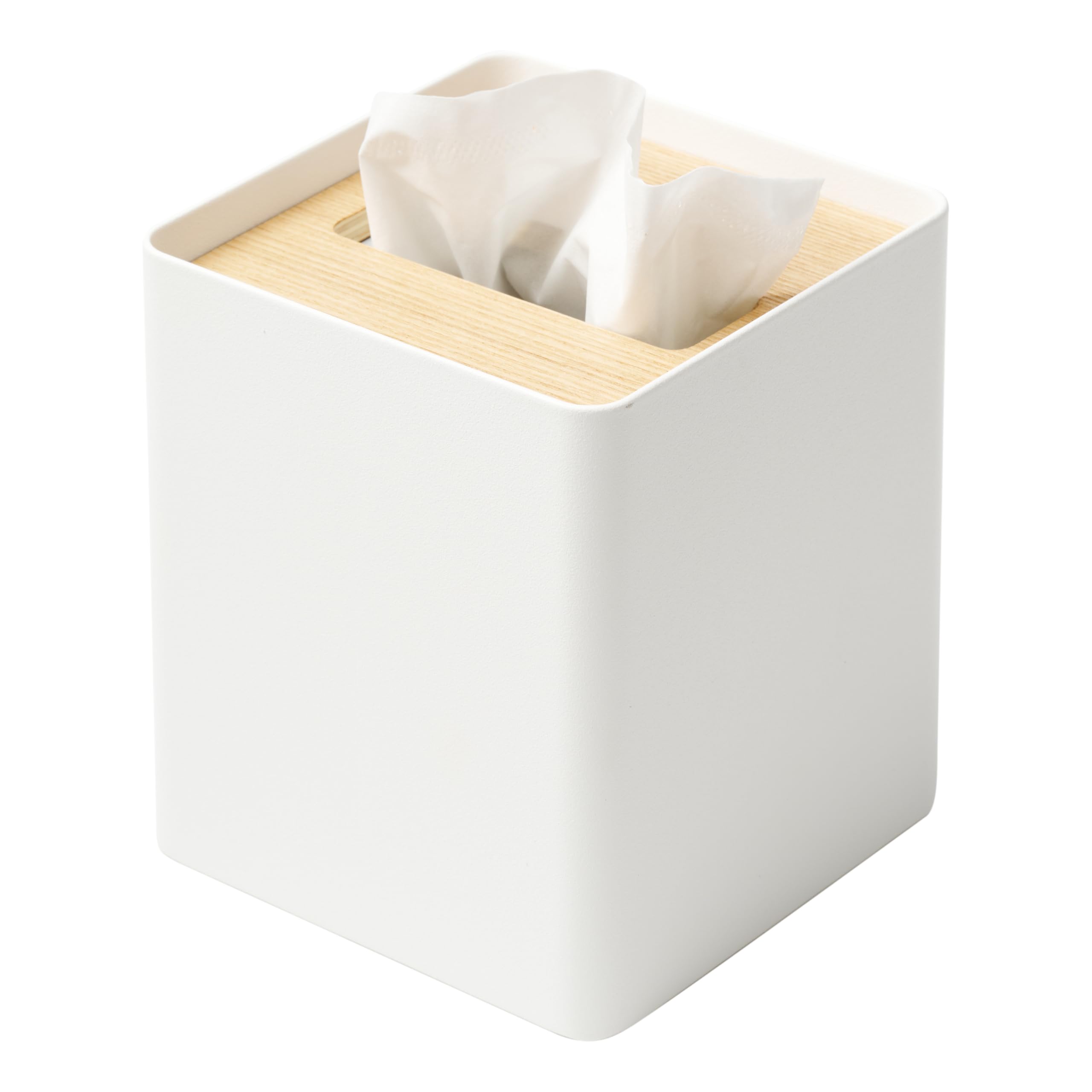 Yamazaki Home Rin Tissue Box Cover – Steel Holder with Wooden Lid