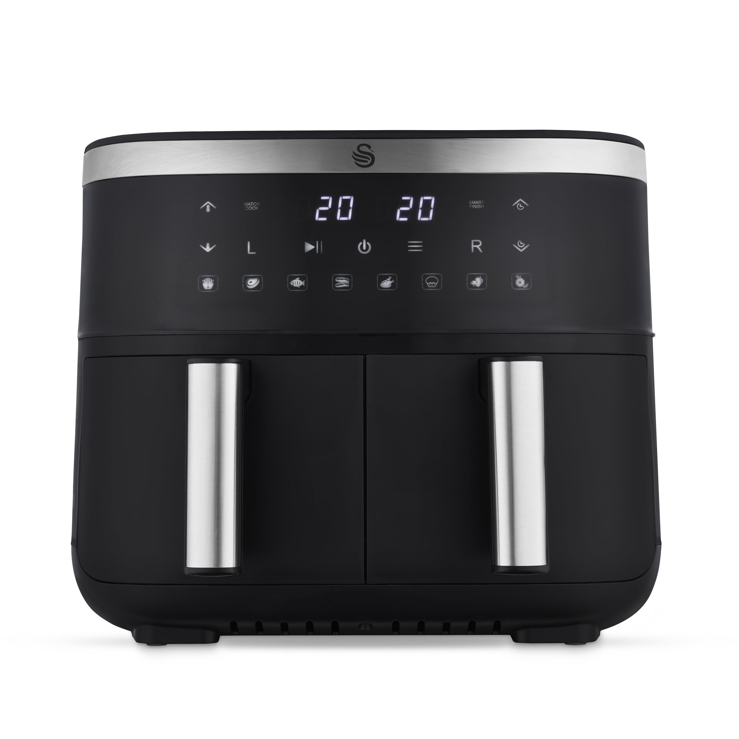 Swan Dual Basket Digital Air Fryer | 7.6L 8-in-1 Cyclone Tech – Black