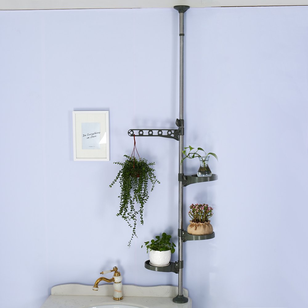 BAOYOUNI Tension Rod Plant Stand – Adjustable Window Flower Rack with 3 Trays