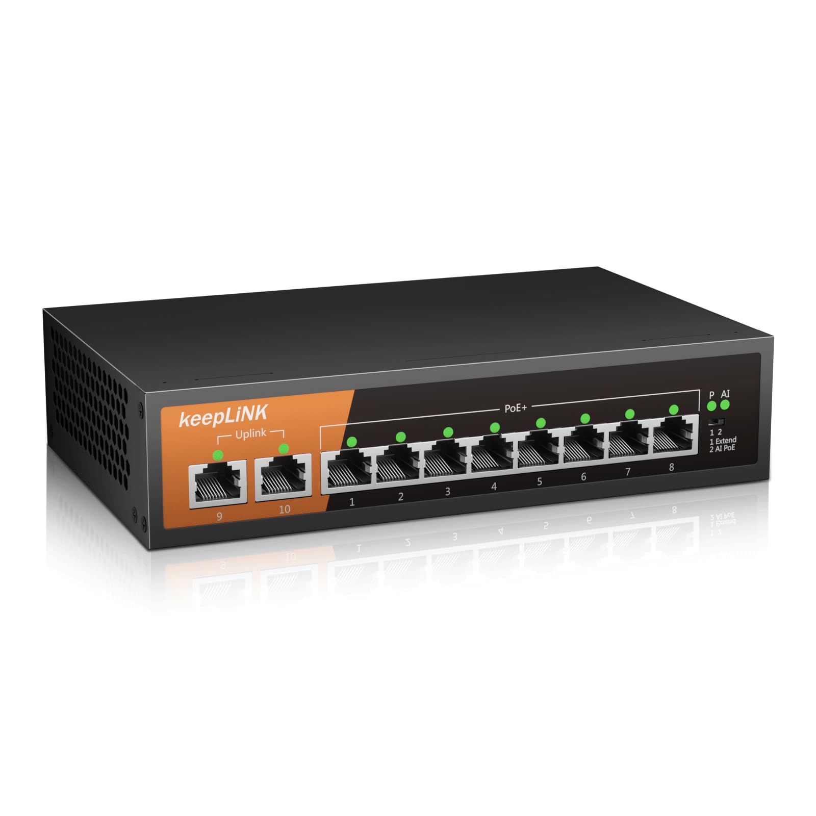 keepLiNK 10 Port Gigabit PoE Switch | 120W Unmanaged Metal Hub