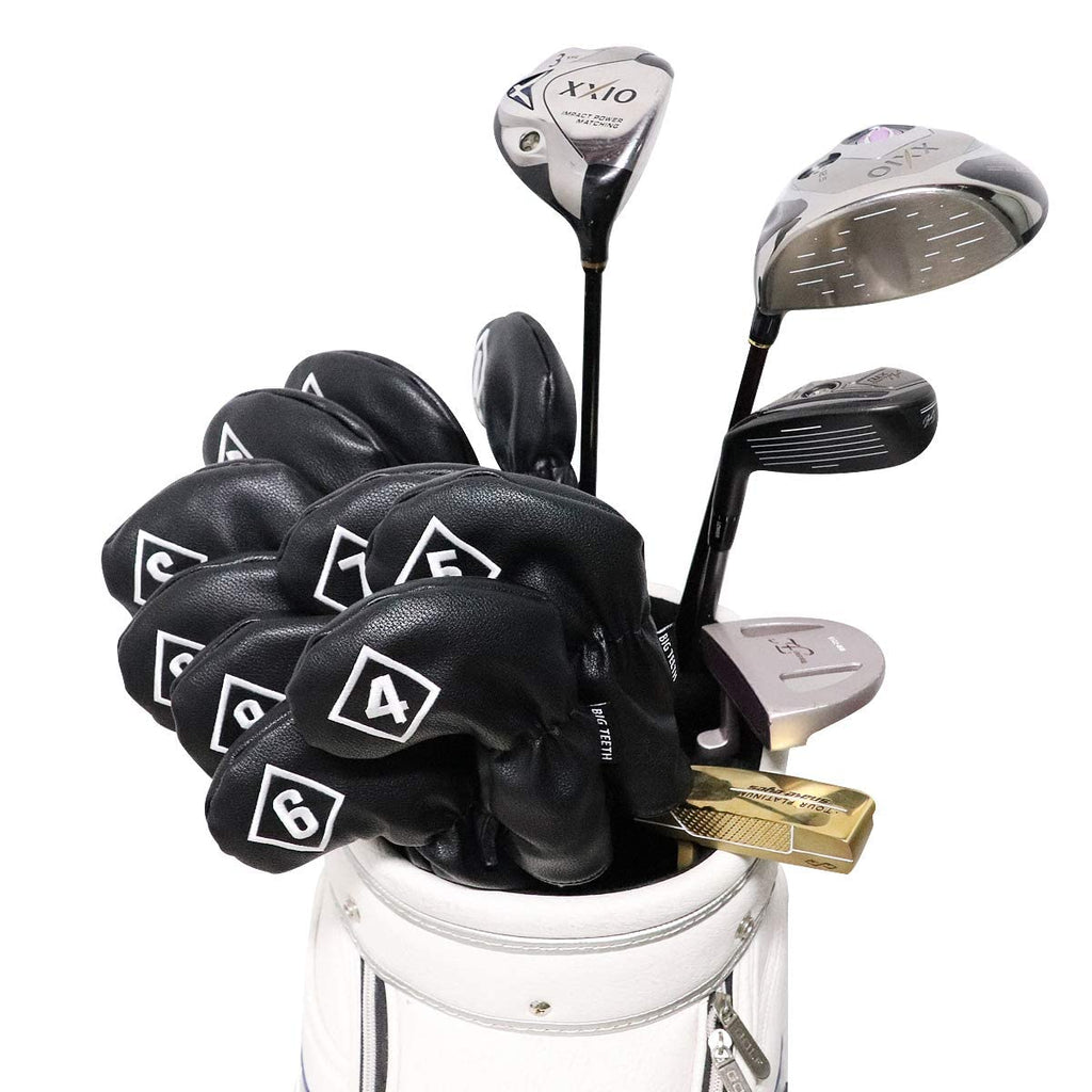 Big Teeth Golf Iron Head Covers - 10Pc Black PU Leather Club Protectors