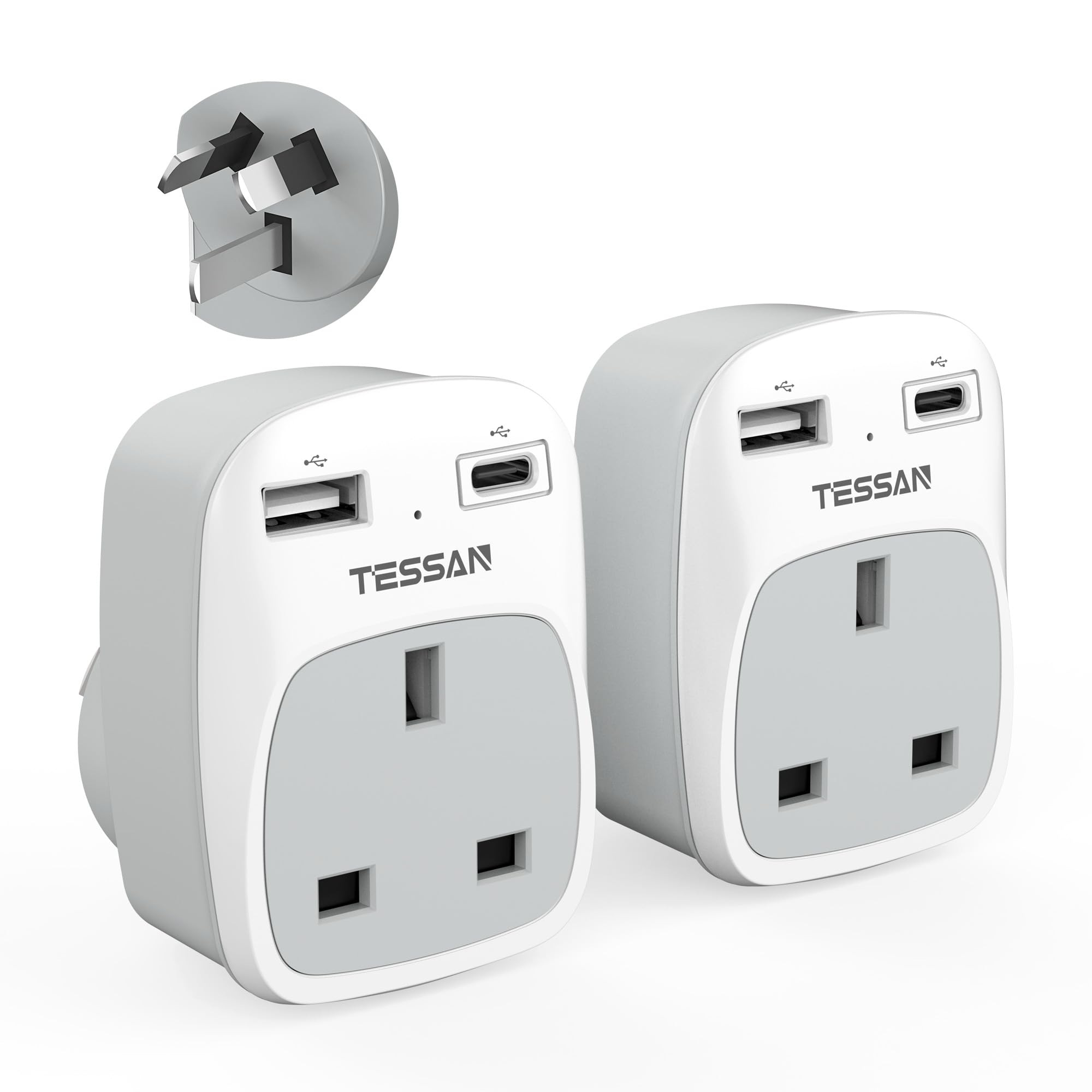 TESSAN UK to Australia Plug Adapter with 2 USB Ports (Type I) – 2 Pack