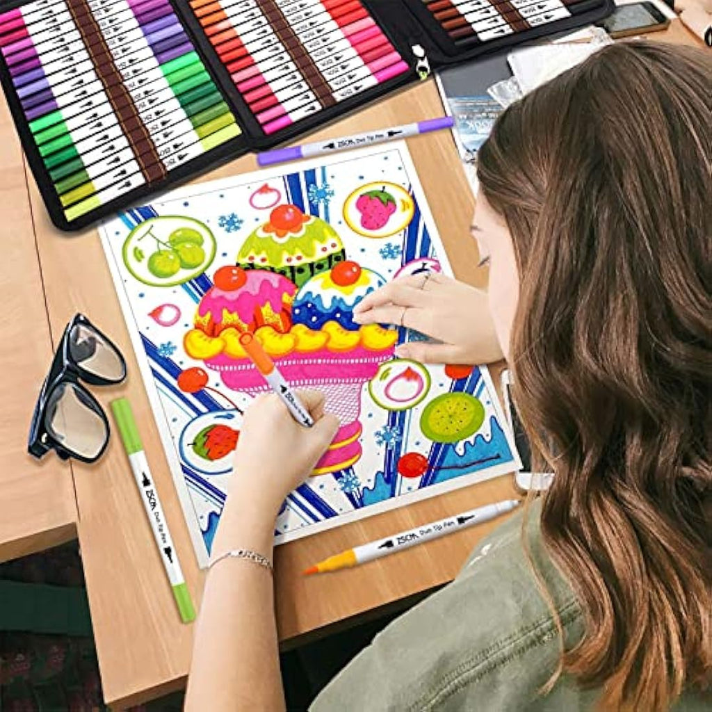 ZSCM 100 Color Dual Tip Artist Markers – Fine and Brush Tip Pens