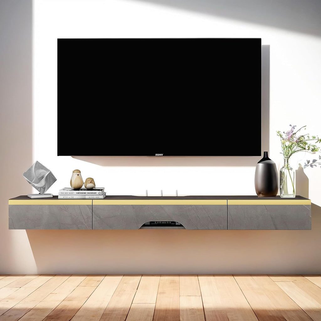 Pmnianhua Floating TV Unit, 59'' Wall Mounted TV Cabinet, Floating Shelves with 2 Drawers and 1 Door - image 1
