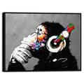 Banksy Monkey with Headphones Framed Canvas Wall Art – 33x25