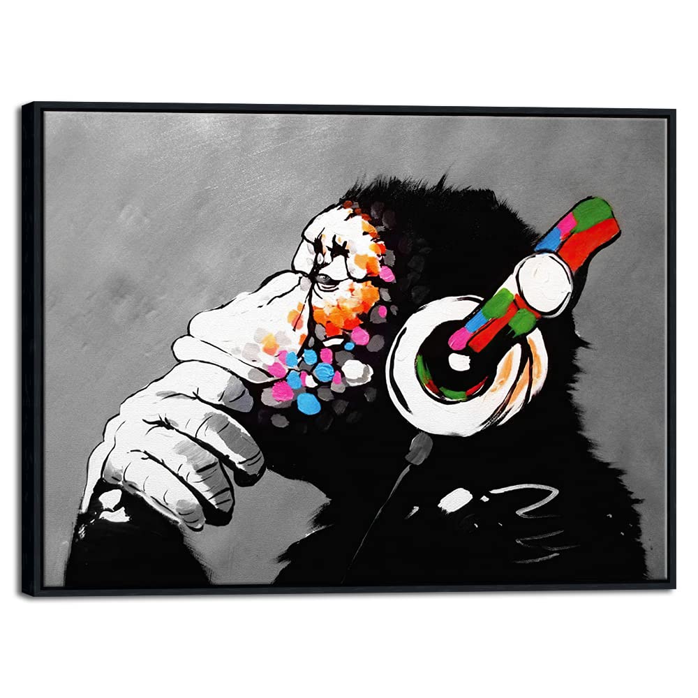 Banksy Monkey with Headphones Framed Canvas Wall Art – 33x25