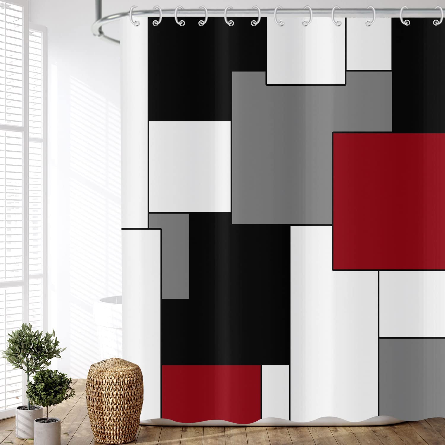 Jolof Store Red Abstract Geometry Shower Curtain - 180x180cm Waterproof