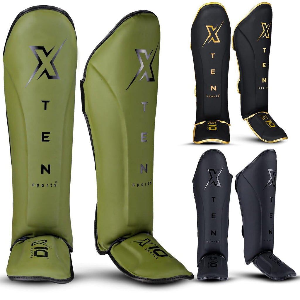 XTEN SPORTS Muay Thai Shin Guards – Gel Padded Leather – Olive Green