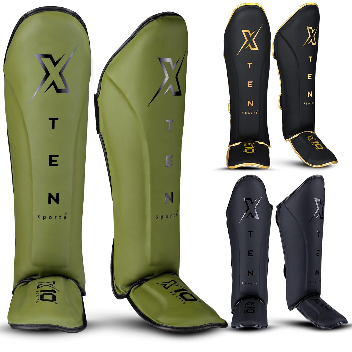 XTEN SPORTS Muay Thai Shin Guards – Gel Padded Leather – Olive Green