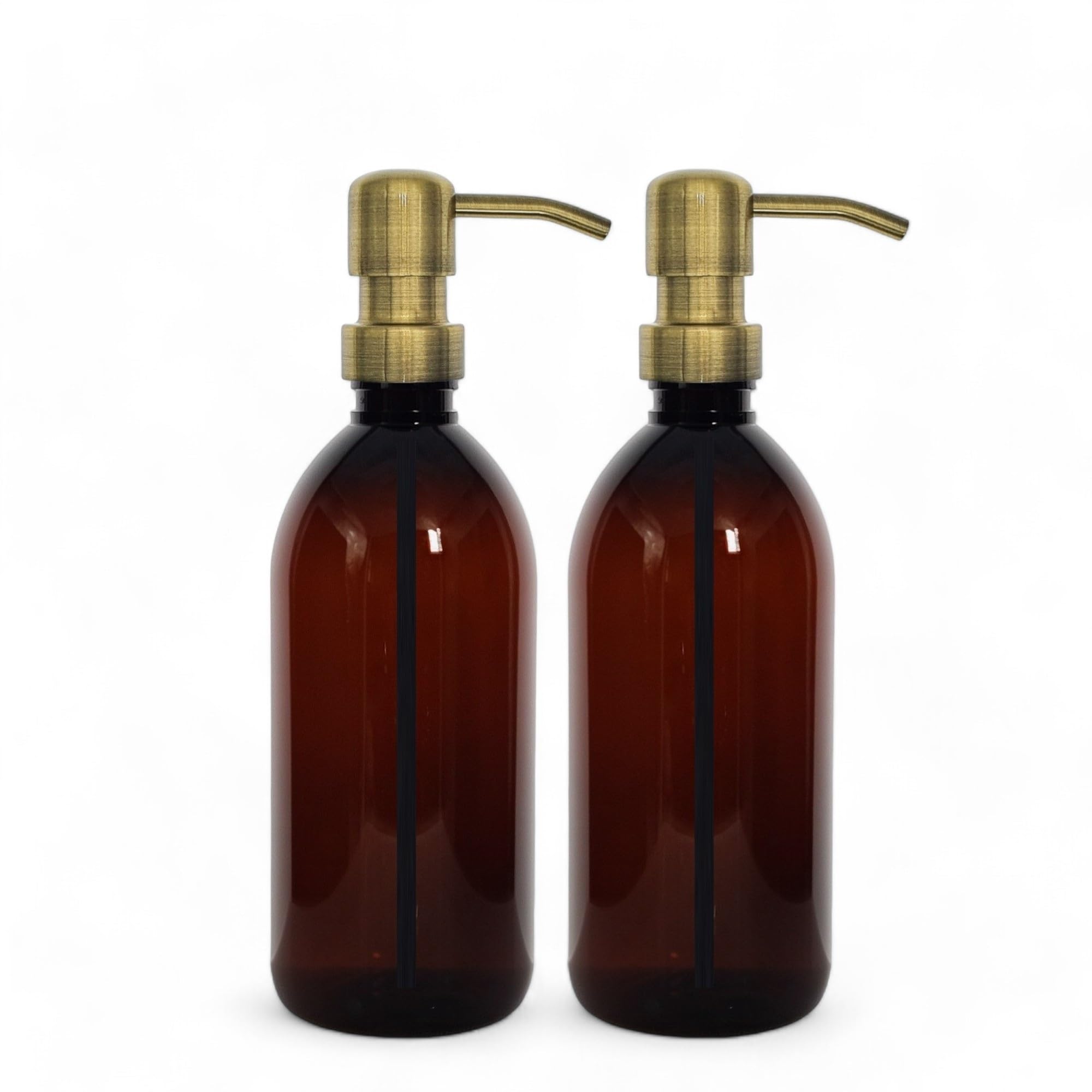 AVALON Amber Plastic Soap Dispenser Bottles | Antique Brass Pump | 500ml 2pk