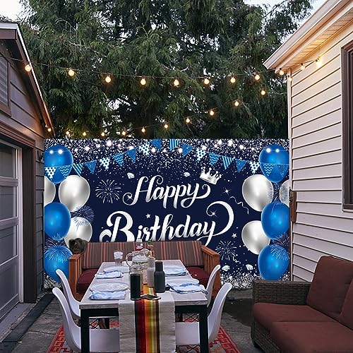 Happy Birthday Banner – Blue & Silver Fabric Party Backdrop