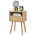 IBUYKE Rattan Nightstand – Boho Wood Side Table with Drawer & Shelf
