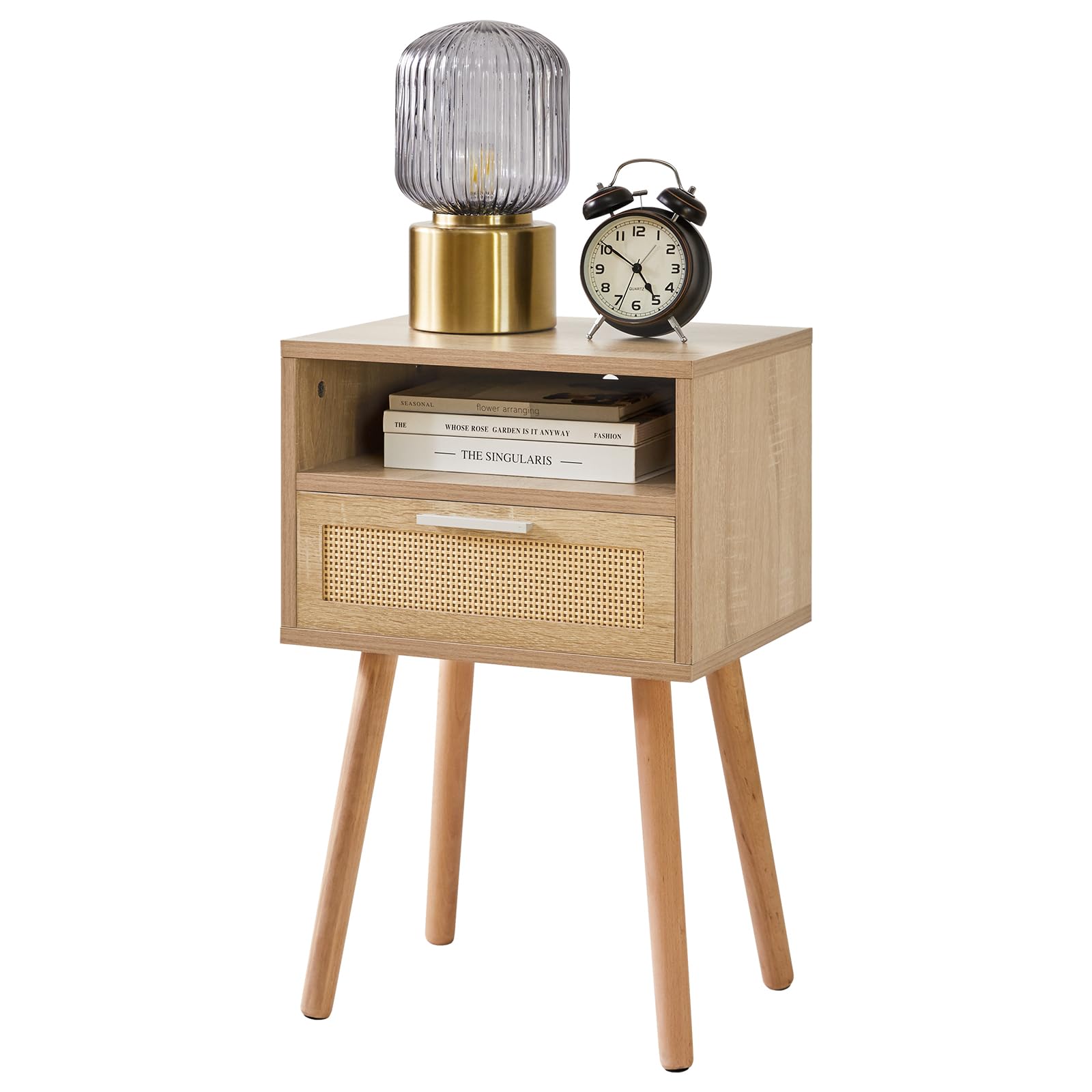 IBUYKE Rattan Nightstand – Boho Wood Side Table with Drawer & Shelf