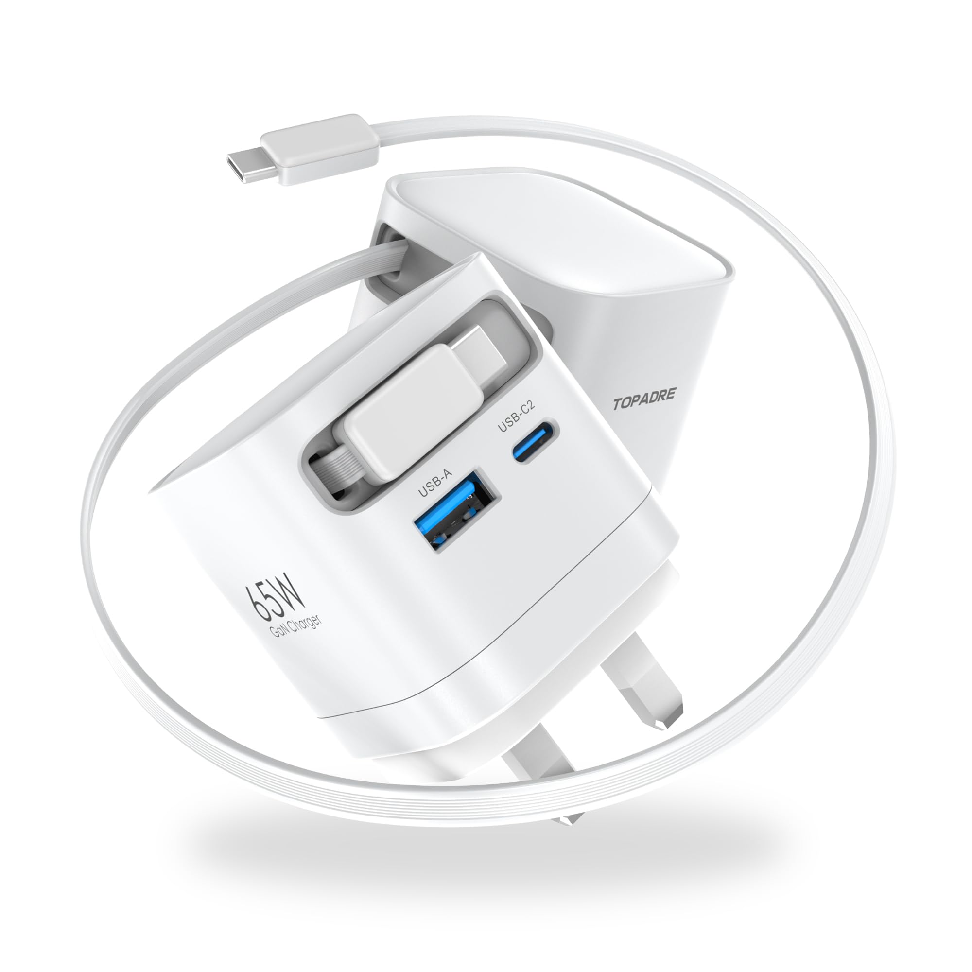 Jolof Store 65W GaN USB C Fast Charger with Retractable Cable – White