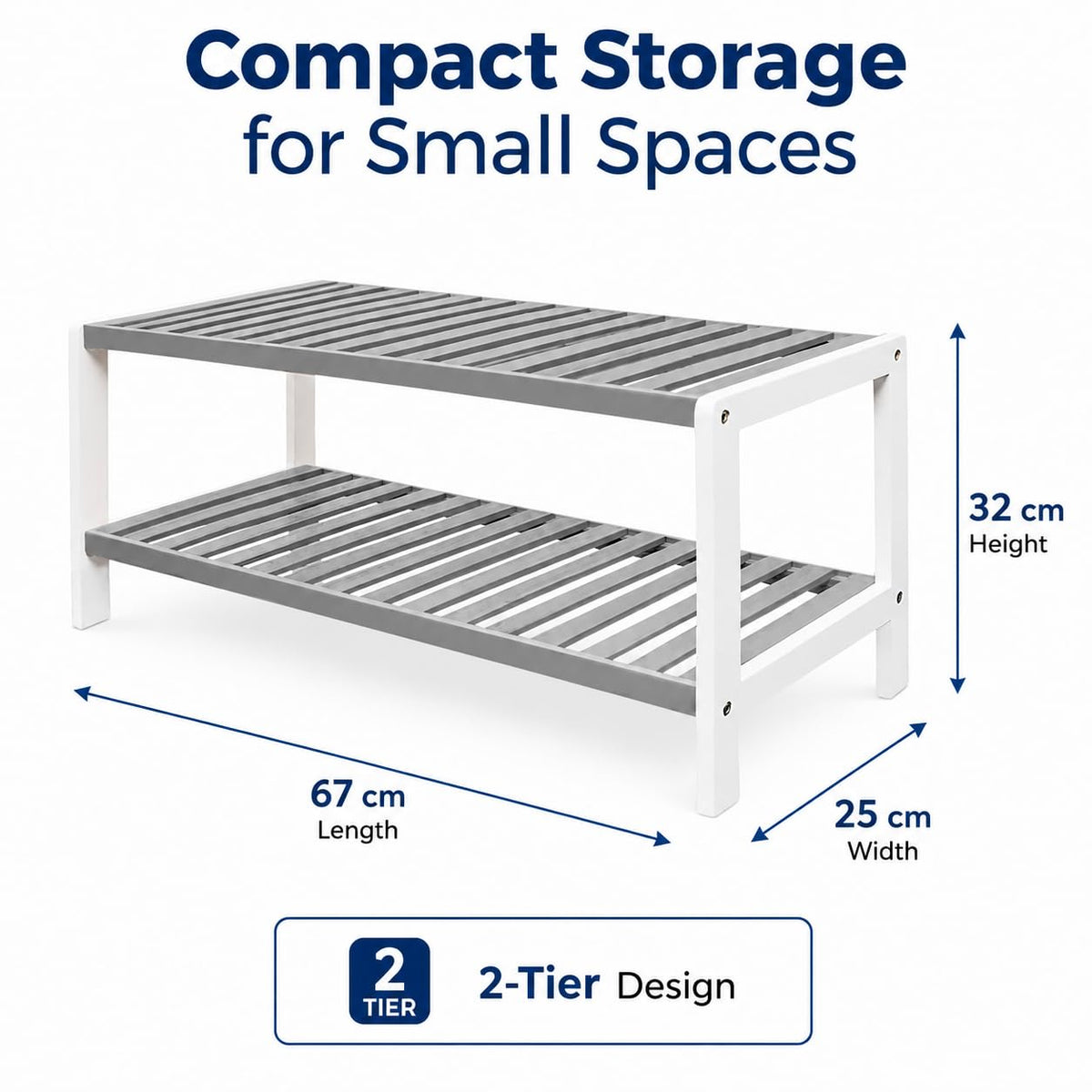 1ABOVE Bamboo Shoe Rack, Plant Rack, Perfect for Corridor, Living Room, Bathroom, Bedroom, Hallway or Small spaces-Parent. Grey & White, 2 Tier - image 3